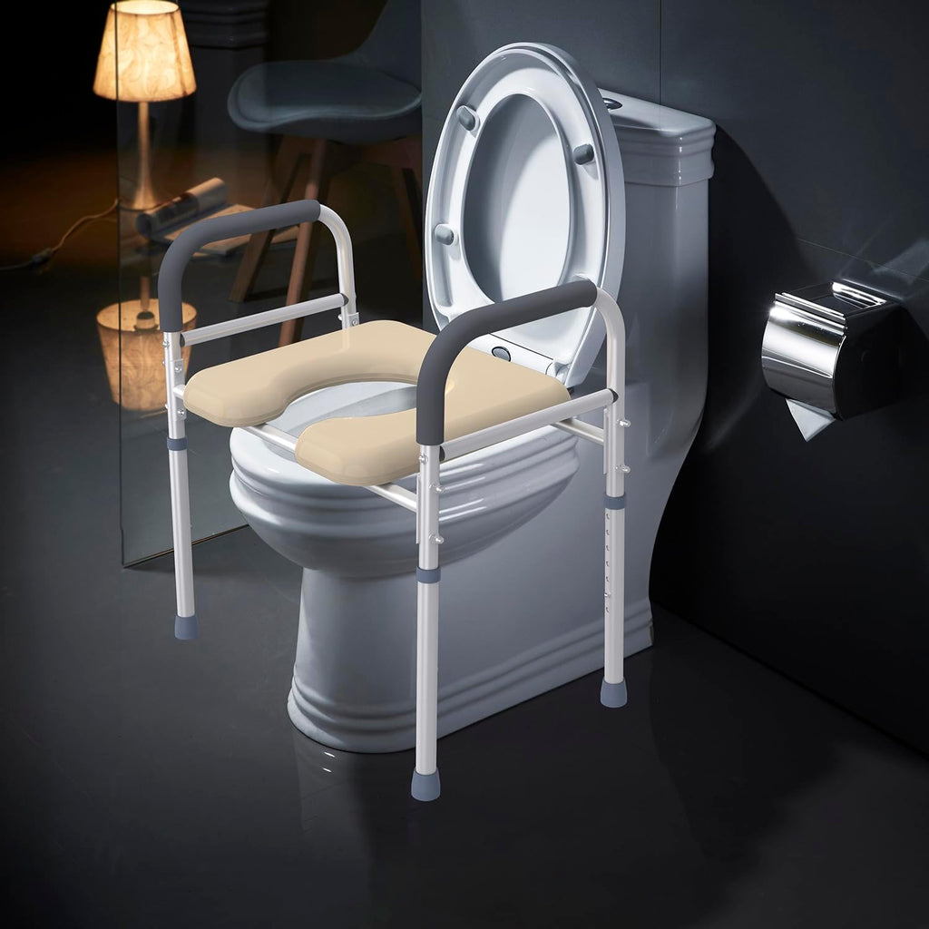 Raised Toilet Seat with Arms and U Shape Soft Cushion 400lbs 25.4in Width Height Adjustable N1414