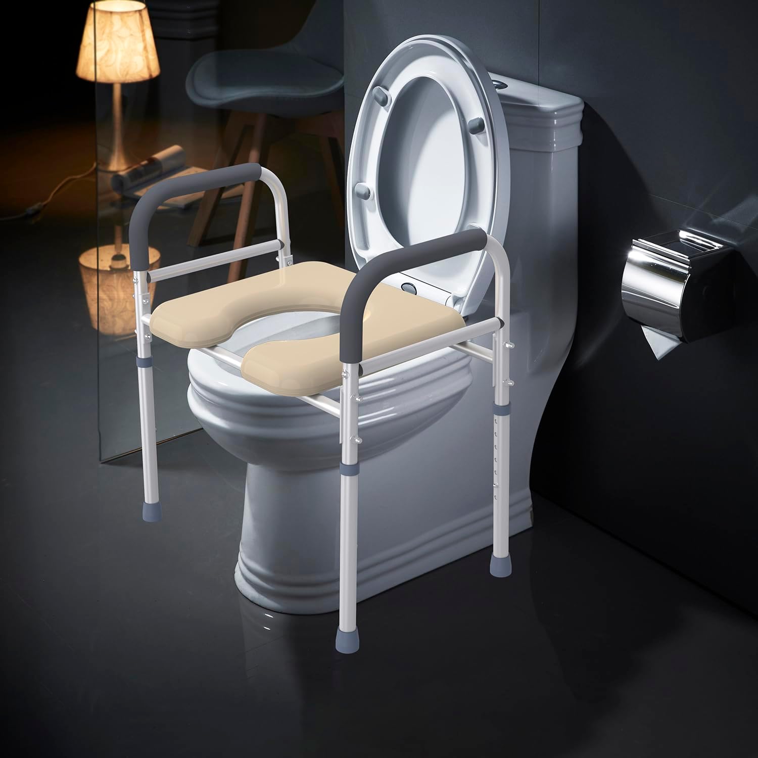 Raised Toilet Seat with Arms and U Shape Soft Cushion 400lbs 25.4in Width Height Adjustable N1414