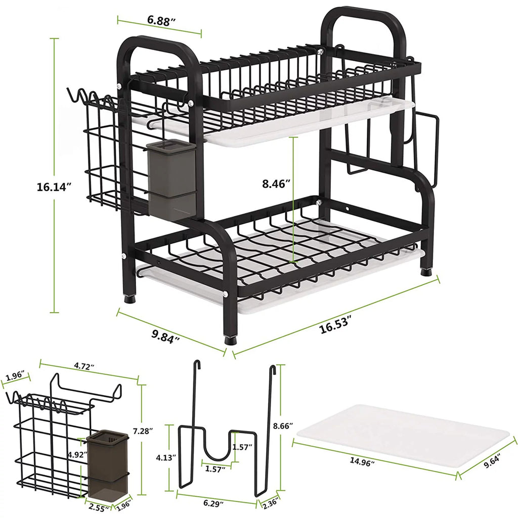 Adjustable 2-Tier Large Dish Drying Rack with Cutting Board Holder B458659