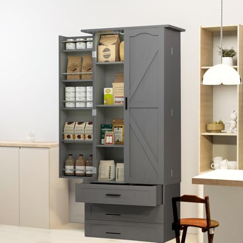 72" LED Kitchen Pantry Cabinet with 3 Drawers Tall Storage Cabinet Wood Food Pantry with Barn Doors and Adjustable Shelves Freestanding Cupboard N450