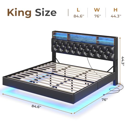 King Size Floating Bed Frame with LED Lights, Faux Leather Upholstered, PU Black B98127
