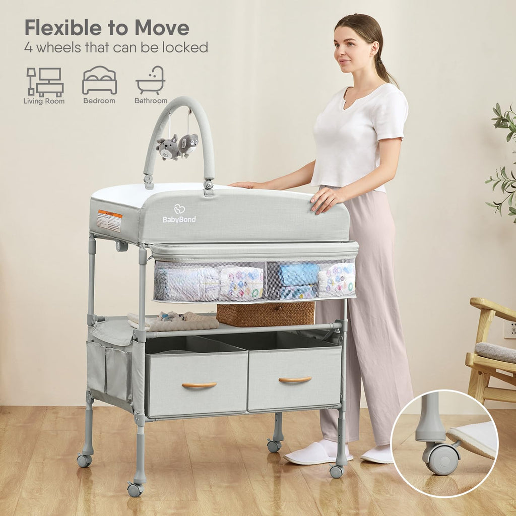 Beige Foldable Baby Changing Table with 2 Storage Baskets D62856