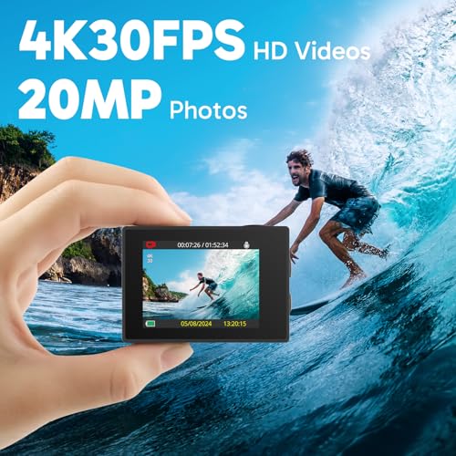 4K30FPS 20MP WiFi Action Camera with EIS Ultra HD Underwater Camera 131FT Waterproof Camera Remote Control 4X Zoom Support External Microphone Silver E69091