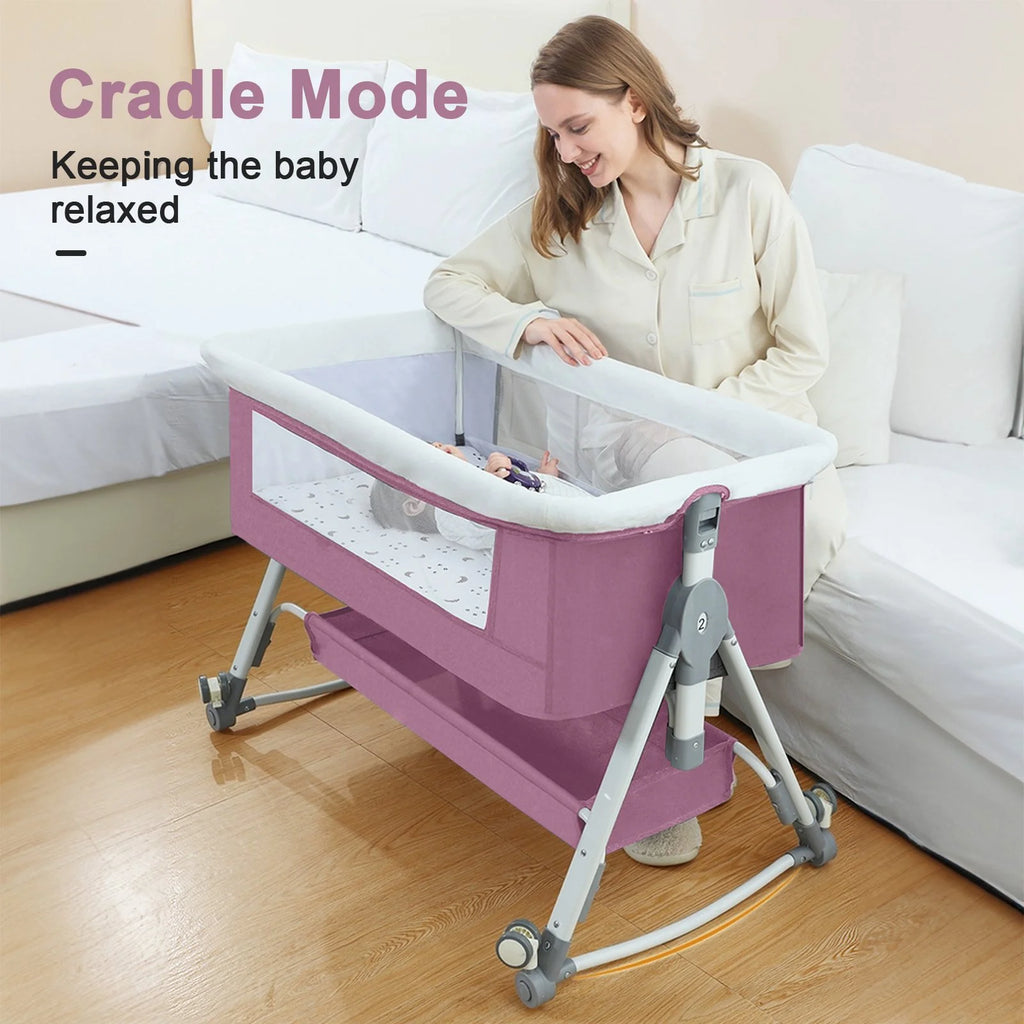 Pink 4 in 1 Infant Bedside Crib with Storage Basket I436