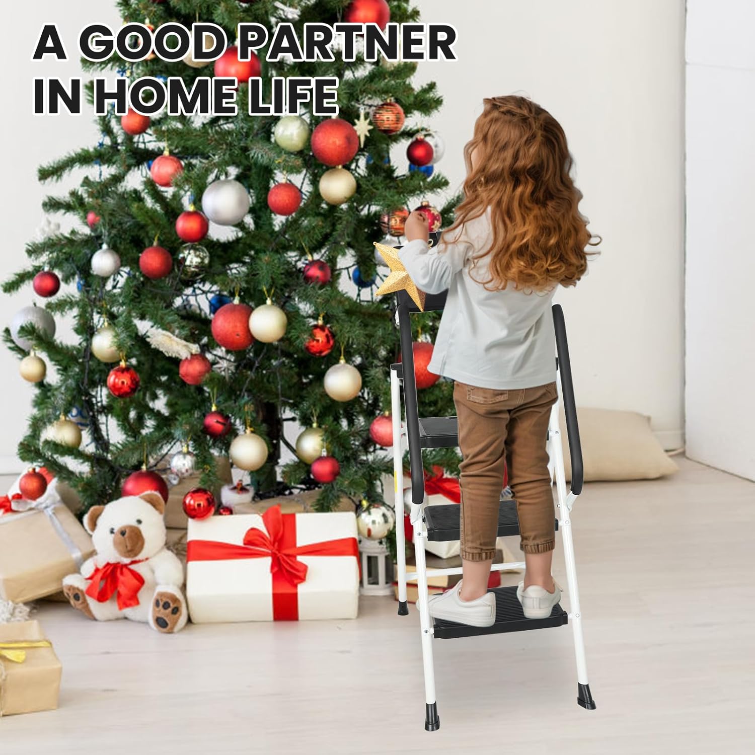 White 3 Step Ladder with Handrails & Attachable Tool Bag, 500 lbs Folding Step Stool K135