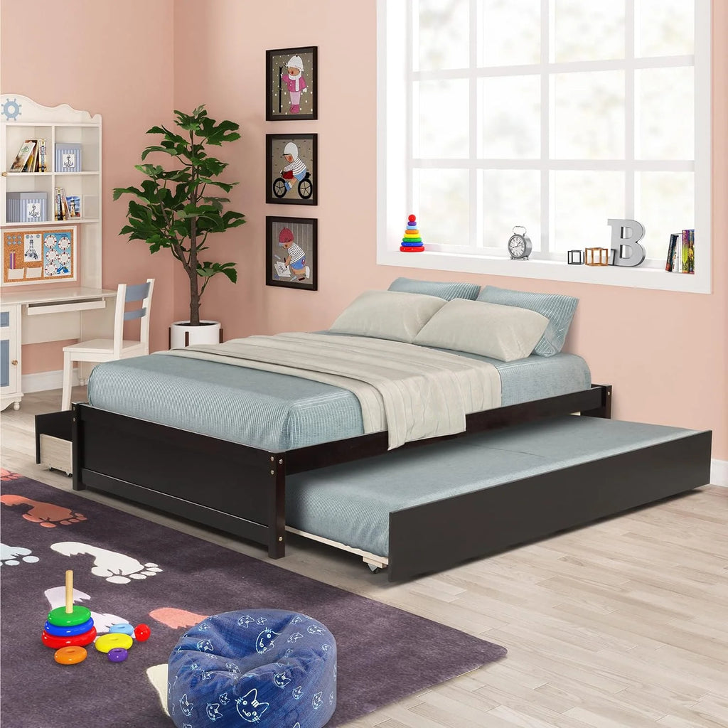 Full Size Wood Platform Bed with Trundle and Drawers C82380