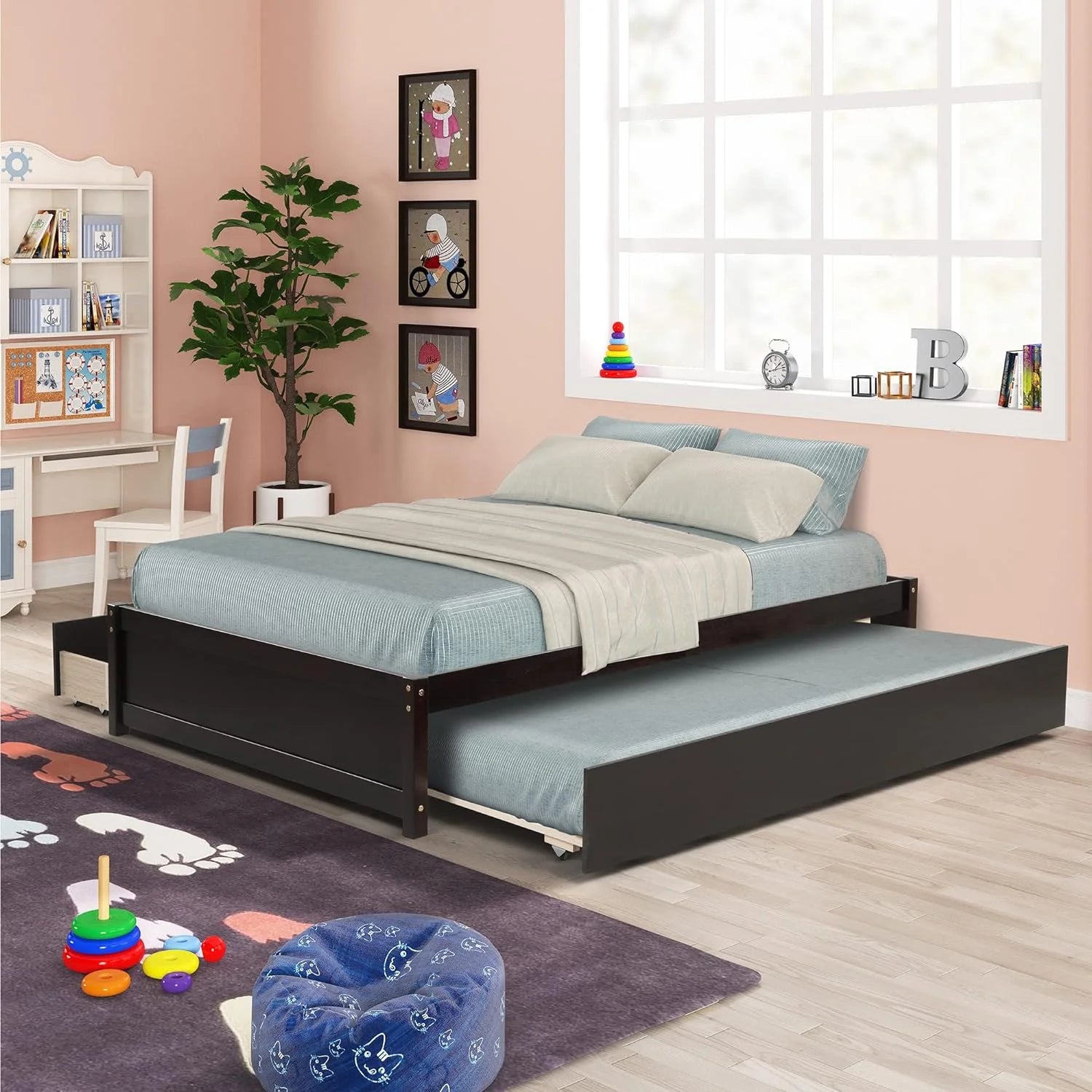 Full Size Wood Platform Bed with Trundle and Drawers C82380