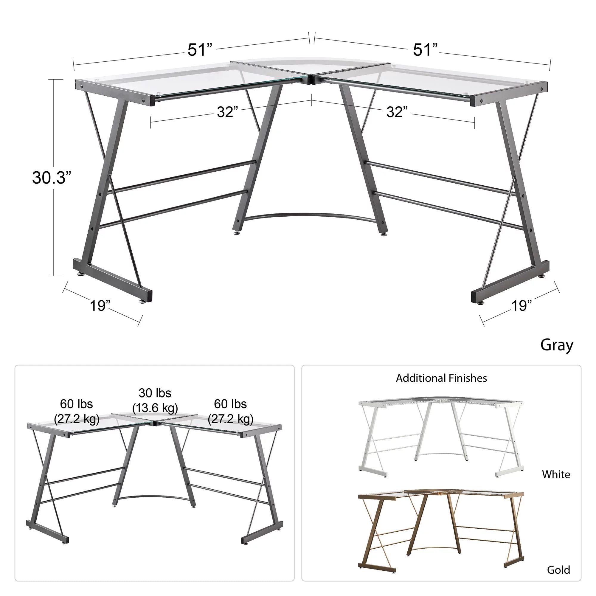 Gold Glass L-Shaped Computer Desk O336819
