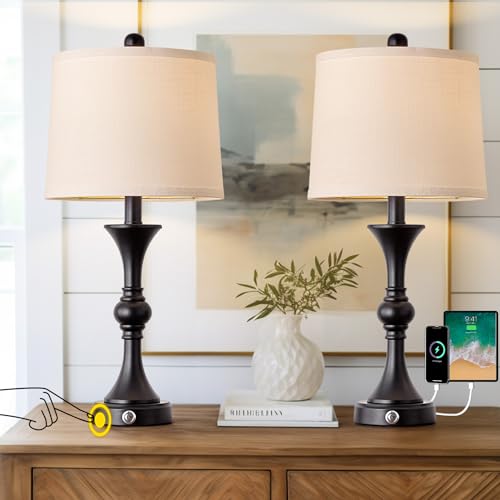 Black Fabric Drum Shade Table Lamps Set of 2 J266
