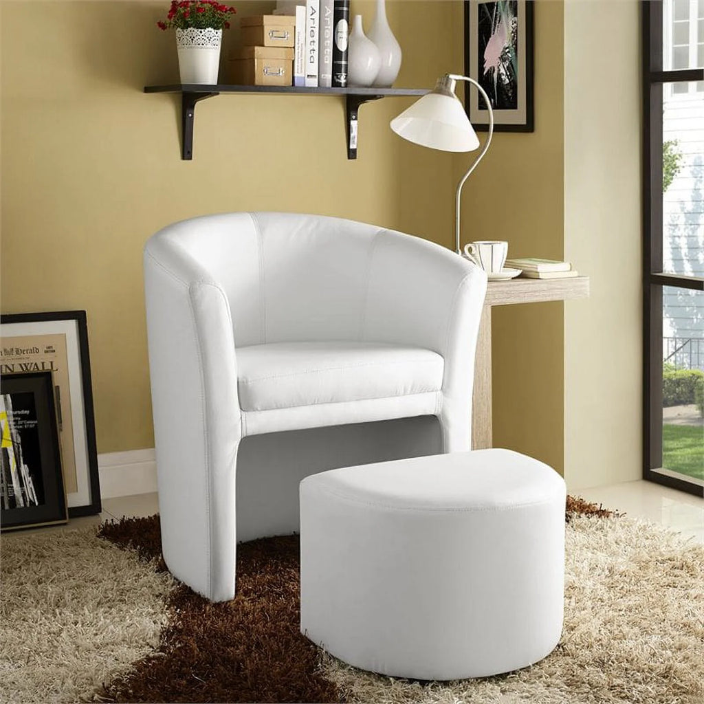 2 Piece Faux Leather Accent Chair Set with Ottoman in White Z1315