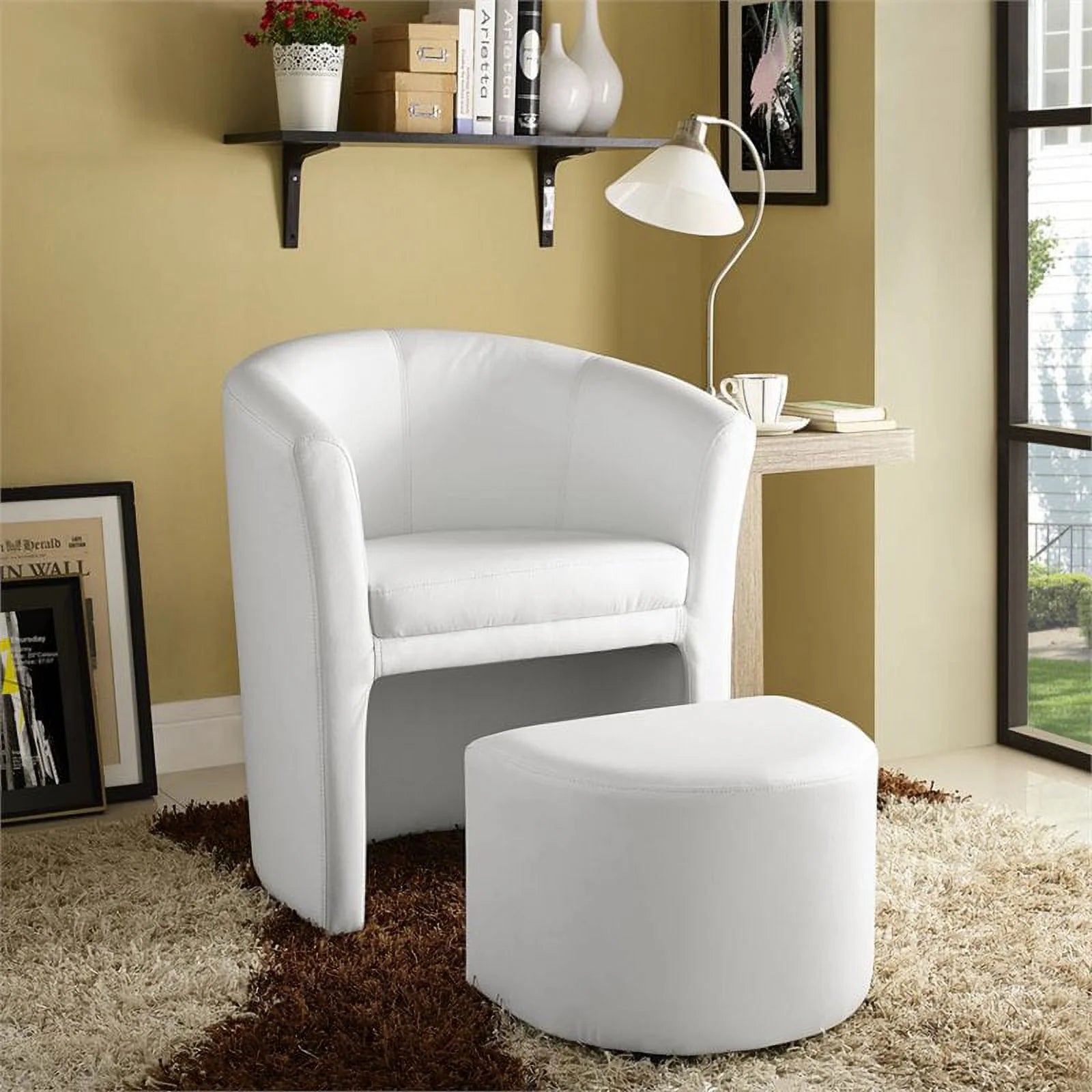 2 Piece Faux Leather Accent Chair Set with Ottoman in White Z1315