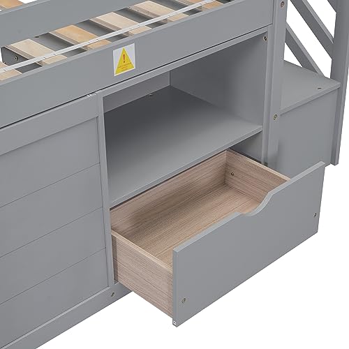 Twin Size Wooden Loft Bed with Stairs, Drawers and Shelves, Grey Z29103