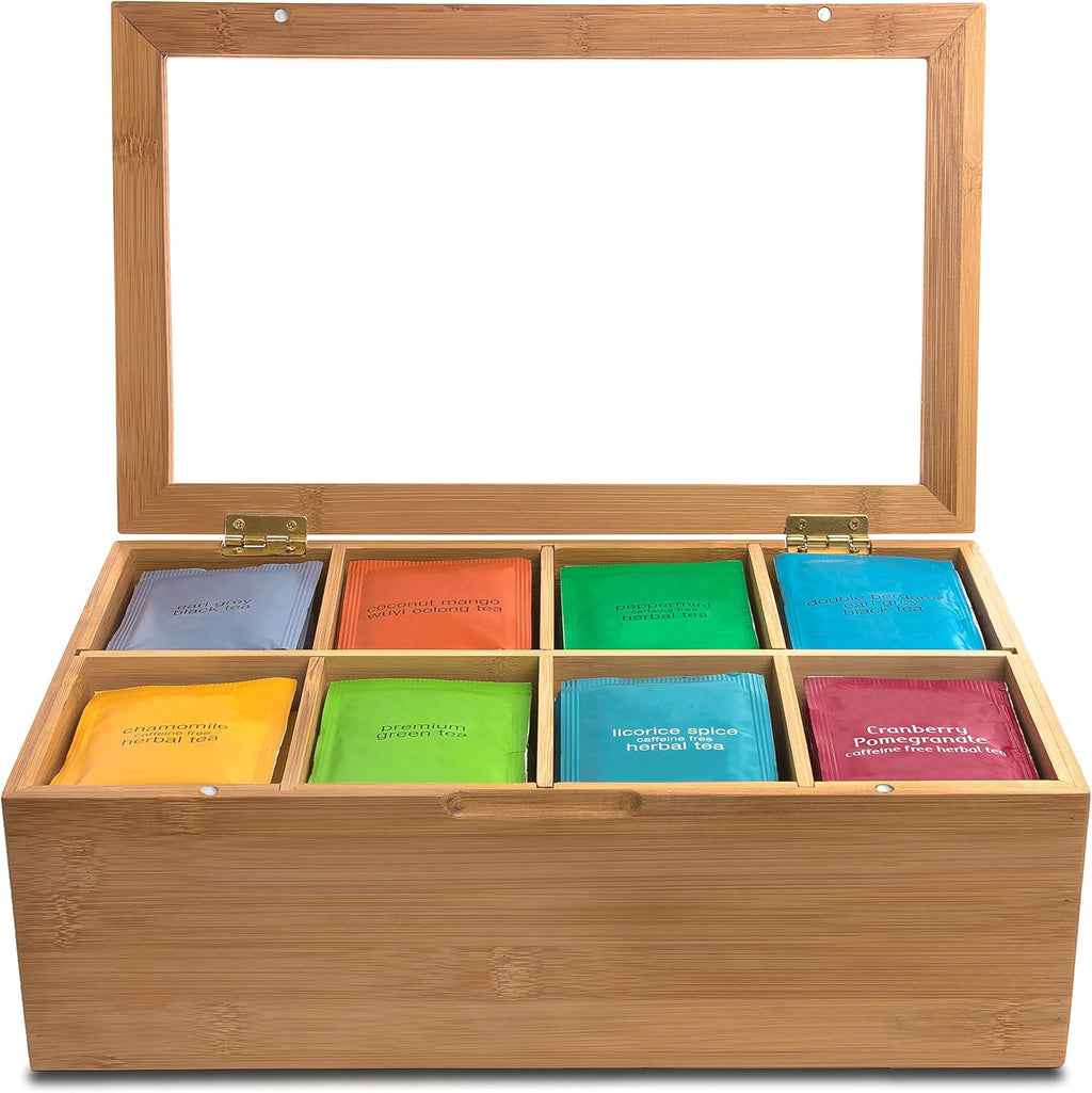 100% Bamboo Tea Box Storage Organizer, 8 Adjustable Compartments, Natural Wooden Finish A808