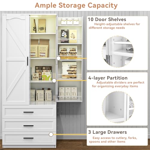 72" LED Kitchen Pantry Cabinet with 3 Drawers Tall Storage Cabinet Wood Food Pantry with Barn Doors and Adjustable Shelves Freestanding Cupboard N450