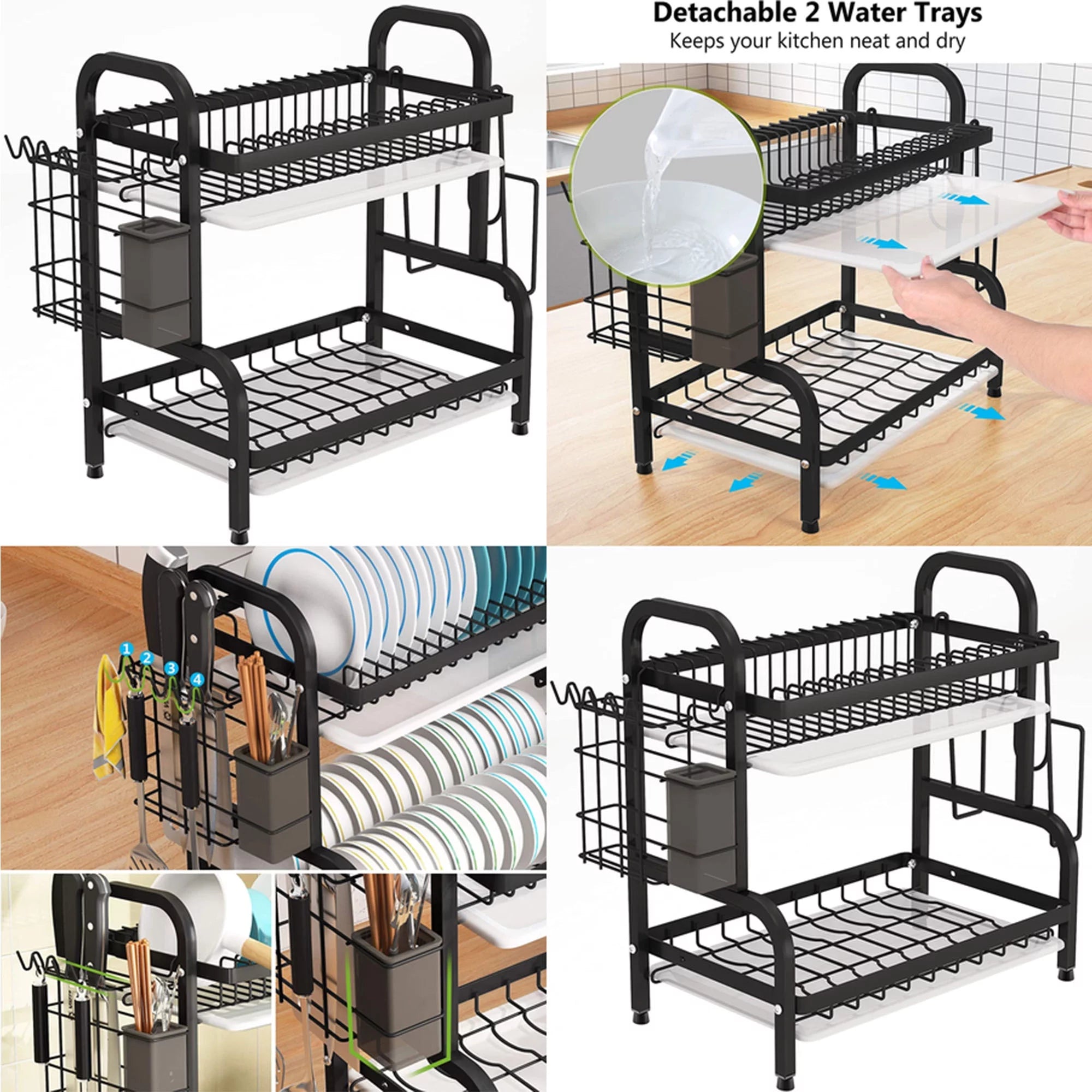 Adjustable 2-Tier Large Dish Drying Rack with Cutting Board Holder B458659