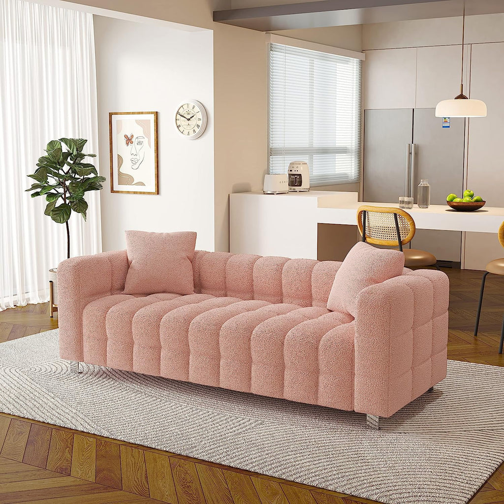 80" Pink Teddy Velvet 3 Seater Couch with Two Pillows A550