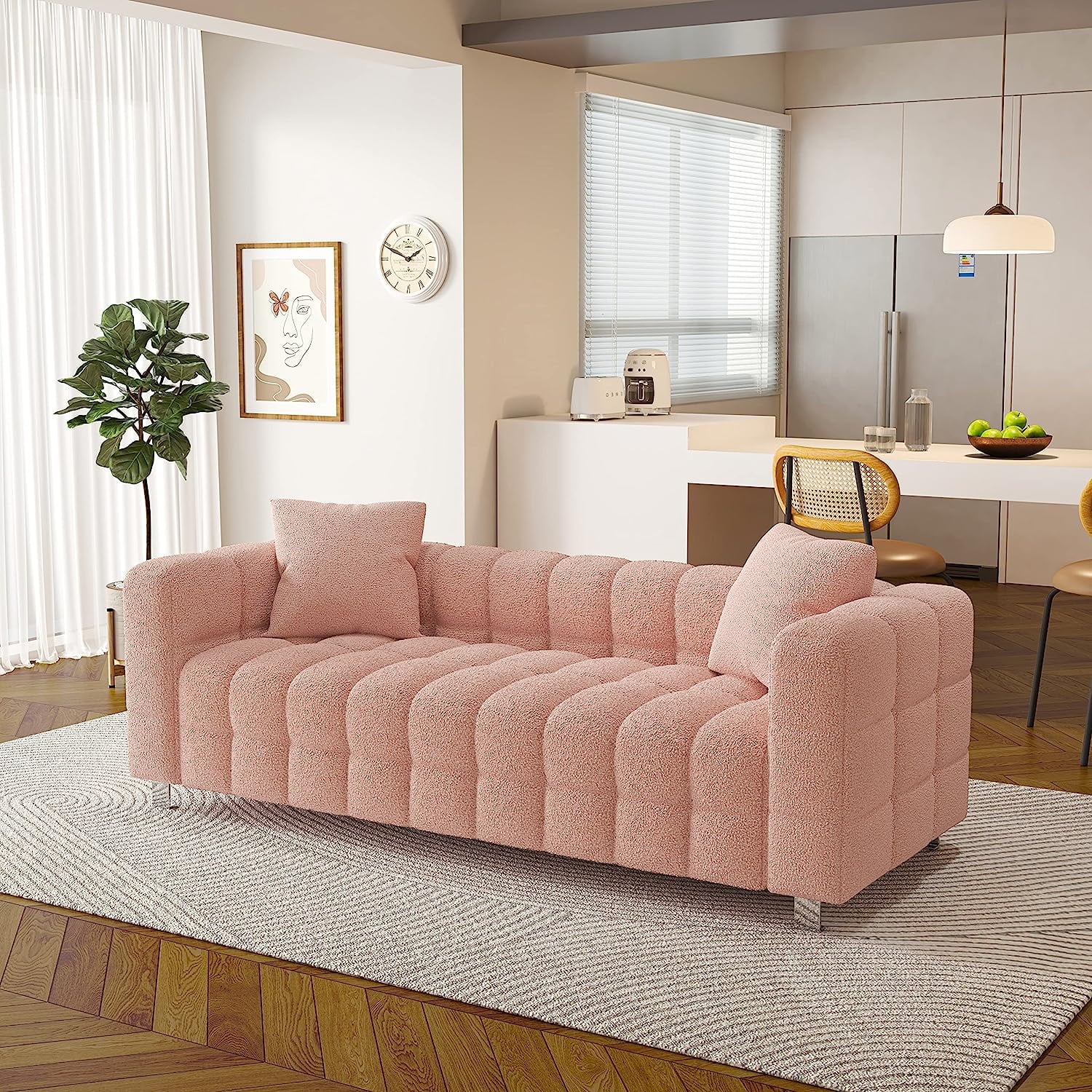 80" Pink Teddy Velvet 3 Seater Couch with Two Pillows A550
