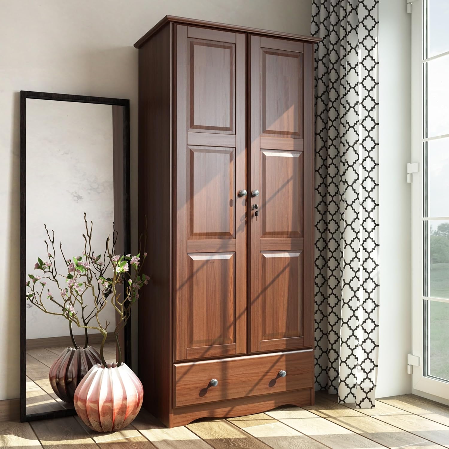 100% Solid Wood Wardrobe Armoire Mocha Stained S4878