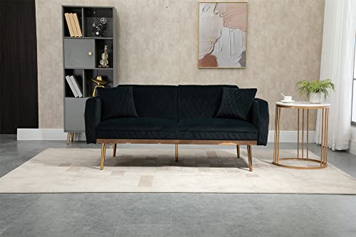Black Velvet Convertible Sleeper Futon Sofa Bed with Metal Legs U66276