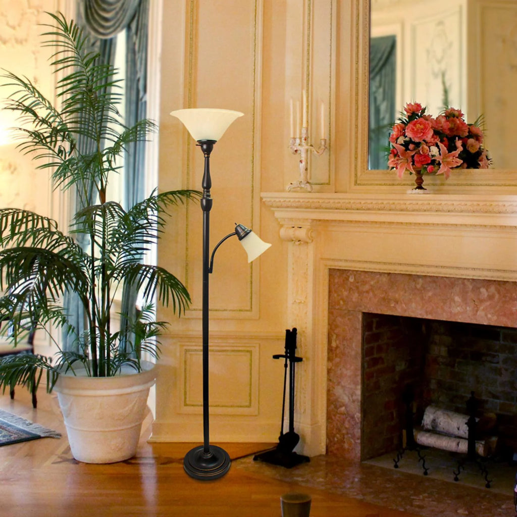 2 Light Floor Lamp with White Marble Glass, Restoration Bronze J892077