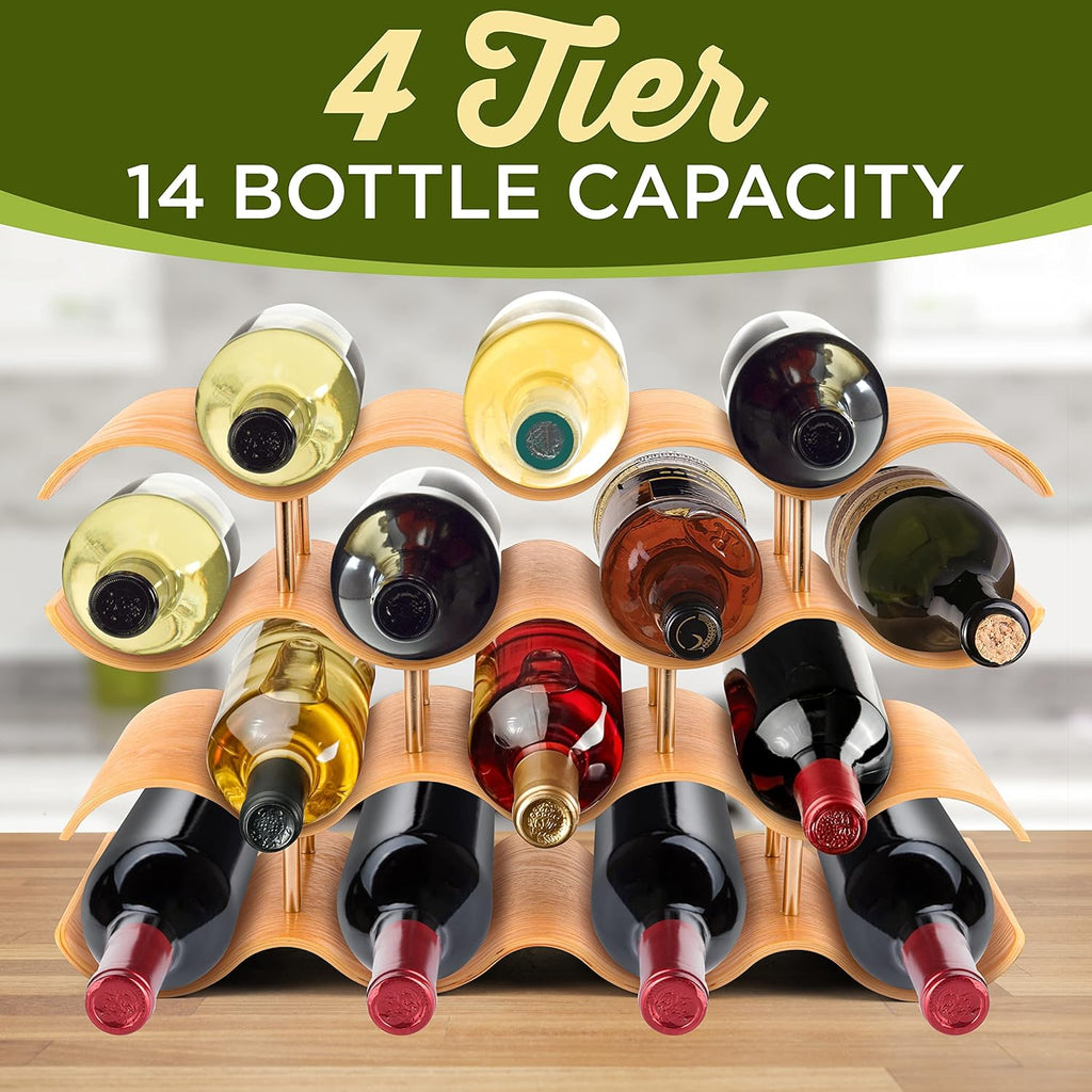 Bamboo Wine Rack 4 Tier Countertop Shelf Holds 14 Bottles Stackable Wooden Holder Q501767