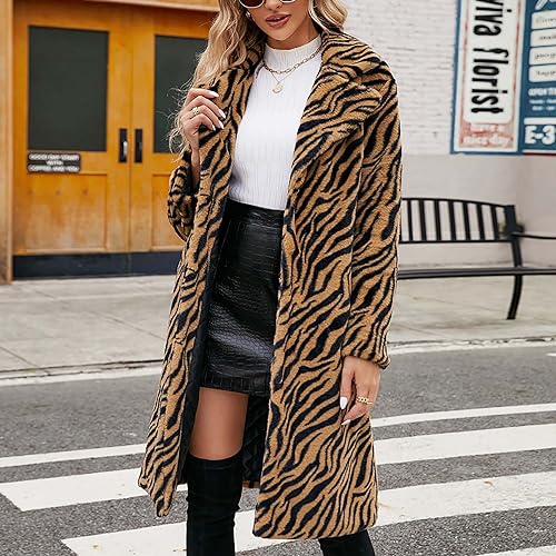 Womens Leopard Print Fleece Faux Fur Long Jacket Overcoat Plus Size Q3062