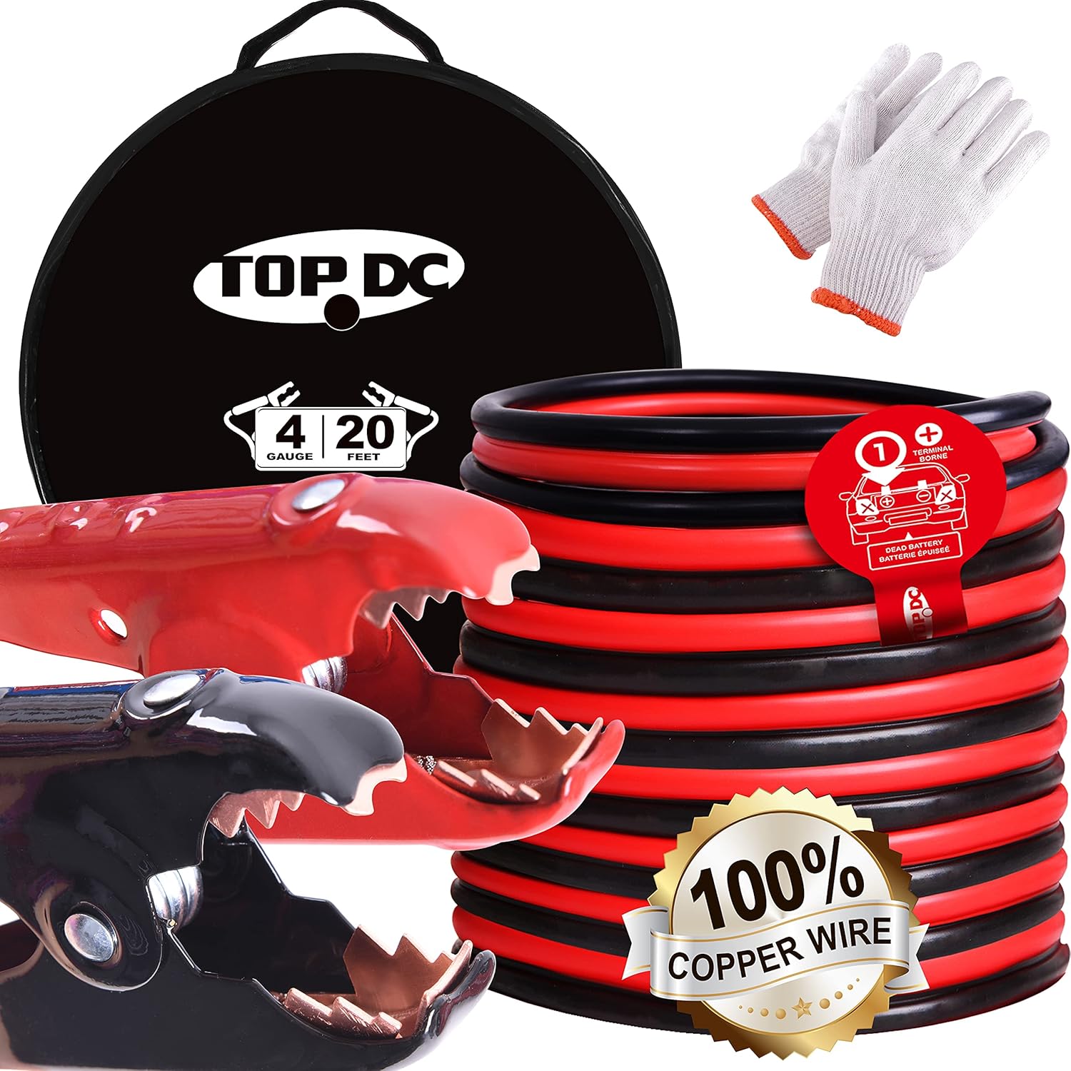 100% Copper Jumper Cables 4 Gauge 20 Feet Heavy Duty Booster Cables with Carry Bag and Safety Gloves H556663