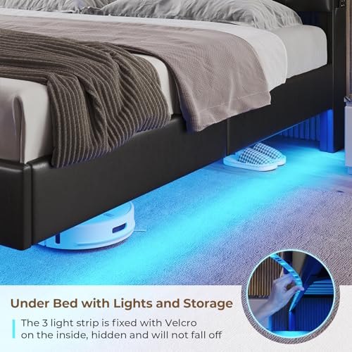 King Size Floating Bed Frame with LED Lights, Faux Leather Upholstered, PU Black B98127