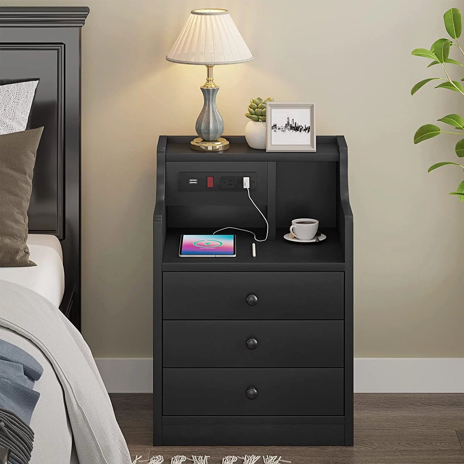 Black Nightstand Set of 2 with Storage Drawers N486620