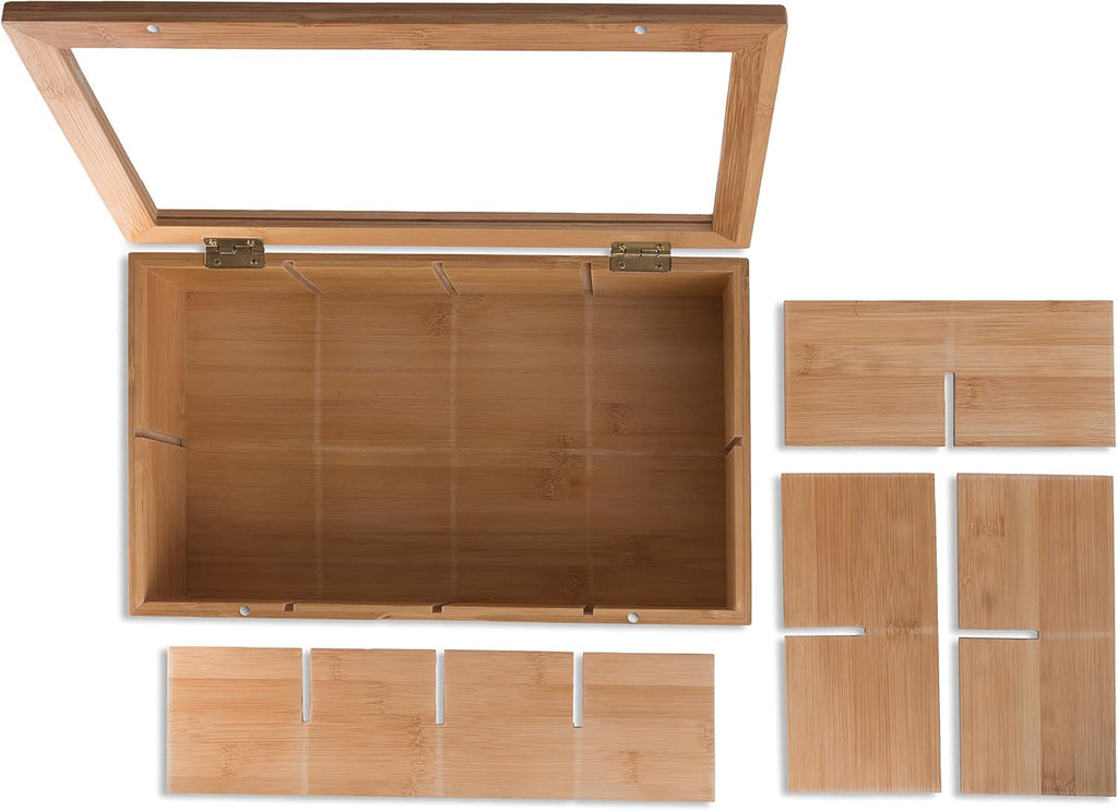 100% Bamboo Tea Box Storage Organizer, 8 Adjustable Compartments, Natural Wooden Finish A808