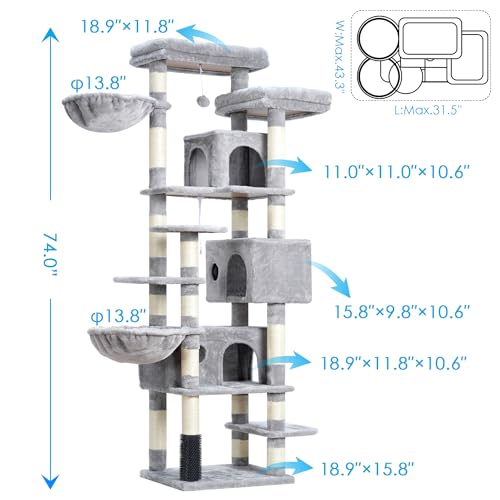 Light Gray 74 inches Multi-Level XL Cat Tree with Three Cat Condos and Two Top Decks B58336