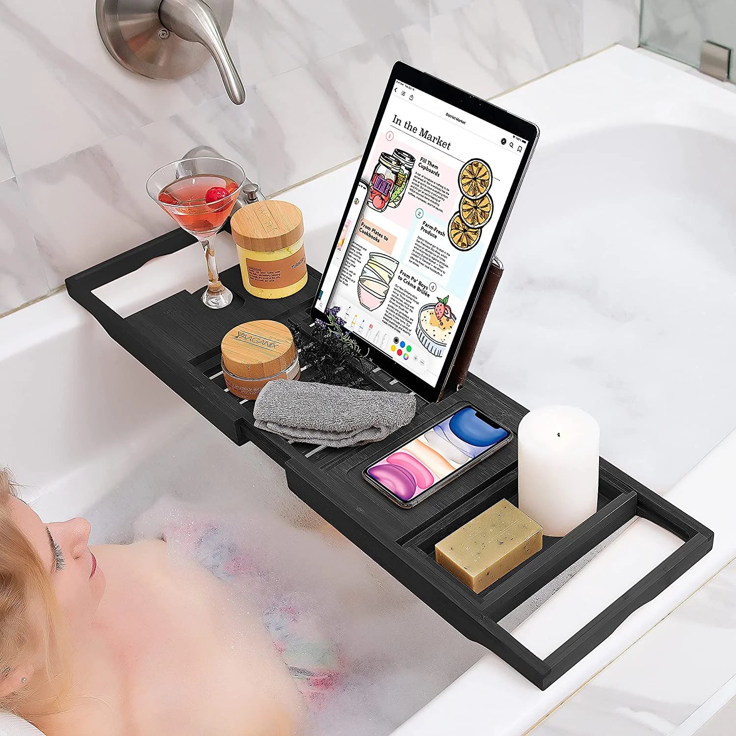 Bamboo Bathtub Tray Expandable Bathtub Caddy with Reading Rack Tablet Holder Wine Glass Holder (Black) A469866