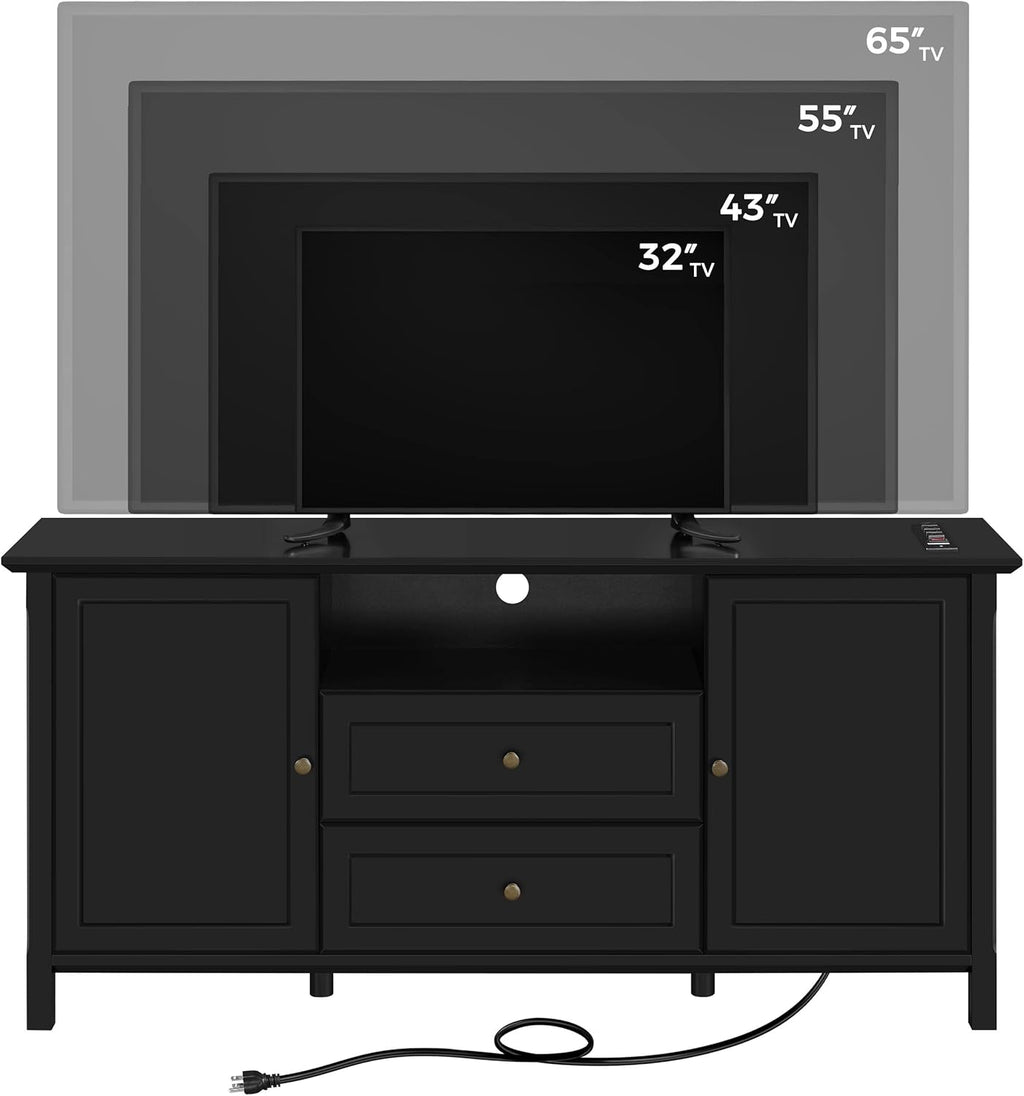 Black Media Entertainment Center with Power Outlet & Storage Cabinets P9837