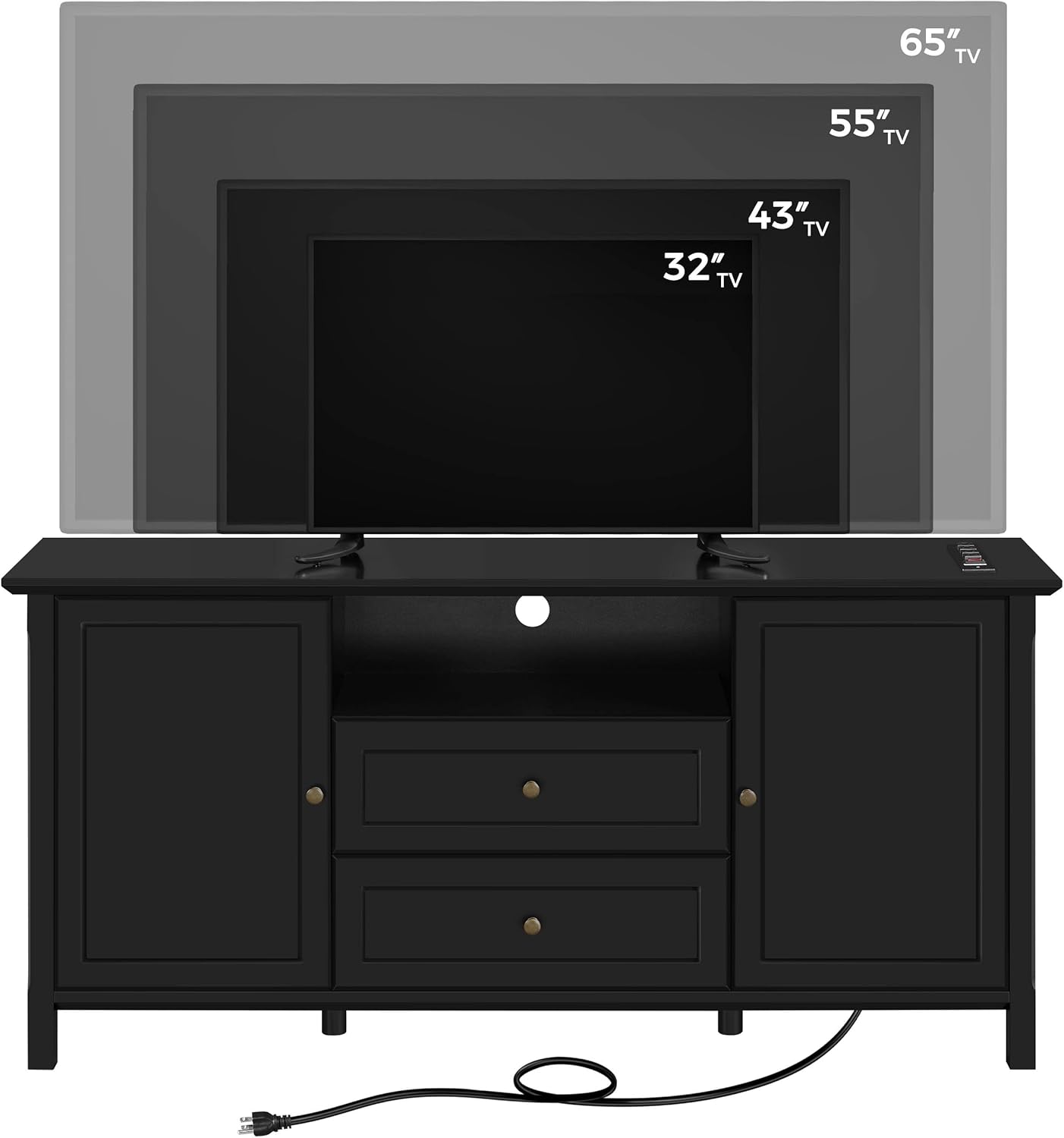 Black Media Entertainment Center with Power Outlet & Storage Cabinets P9837