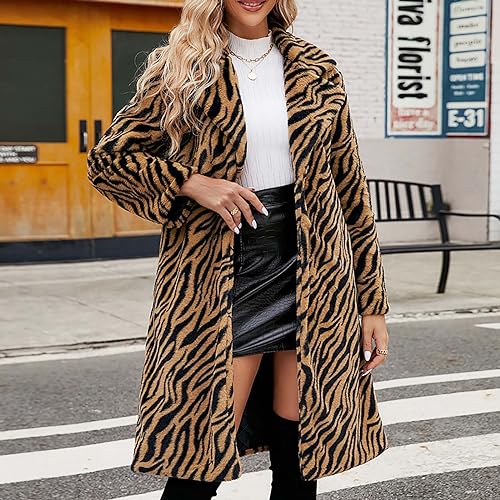 Womens Leopard Print Fleece Faux Fur Long Jacket Overcoat Plus Size Q3062