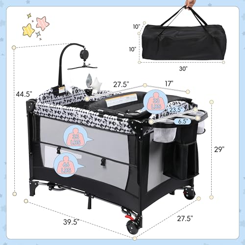 5-in-1 Pack and Play Baby Bassinet Bedside Sleeper with Diaper Changer Storage Bag Music Box Portable Baby Crib Carry Bag Foldable Playard Bassinet K851559