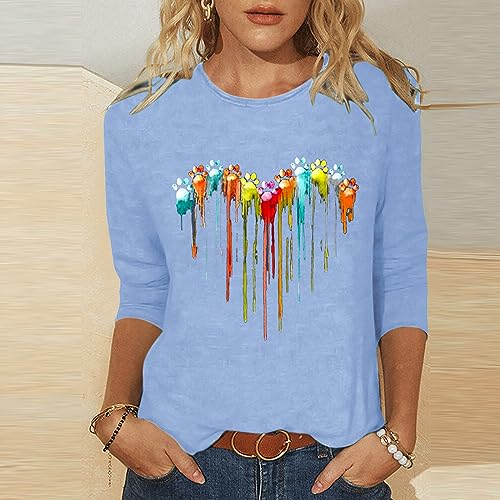 Women Love Heart Printed 3/4 Sleeve Round Neck Tee S970
