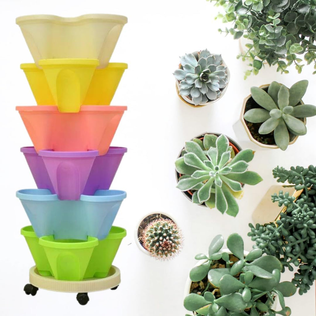 Vertical Garden Stackable Planter 3 Pots with Wheels and Plant Labels L480