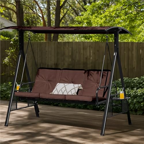 Dark Brown 3-Seat Outdoor Patio Swing with Sunshade D3316