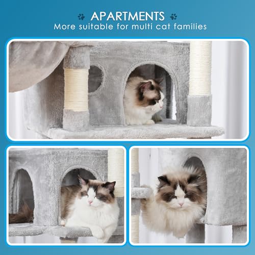 Light Gray 74 inches Multi-Level XL Cat Tree with Three Cat Condos and Two Top Decks B58336