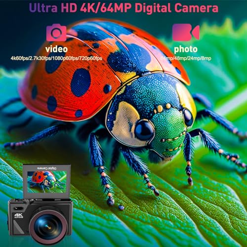 Black 64MP Digital Camera with 3" Flip Screen, 32GB SD Card, 2 Batteries F20301