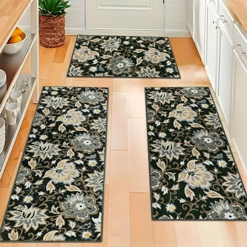 Non Slip Washable Floral Kitchen Mats Set of 3 T303