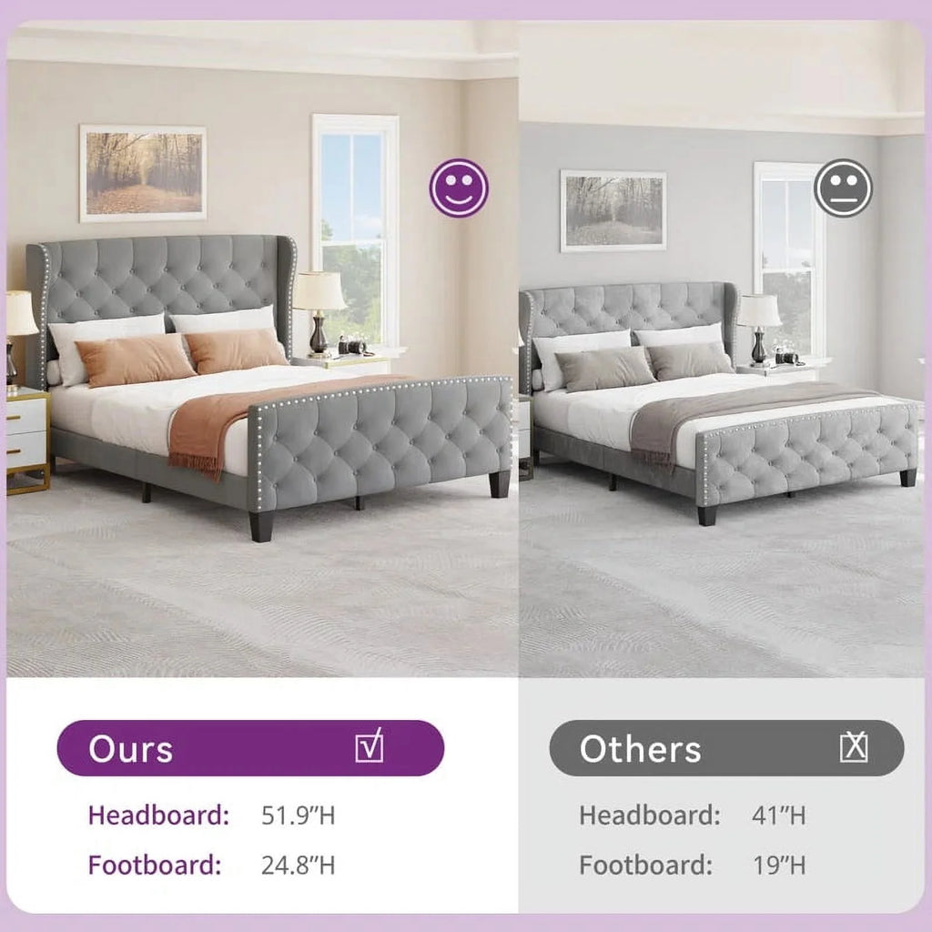 Grey Velvet Queen Size Upholstered Bed Frame J511