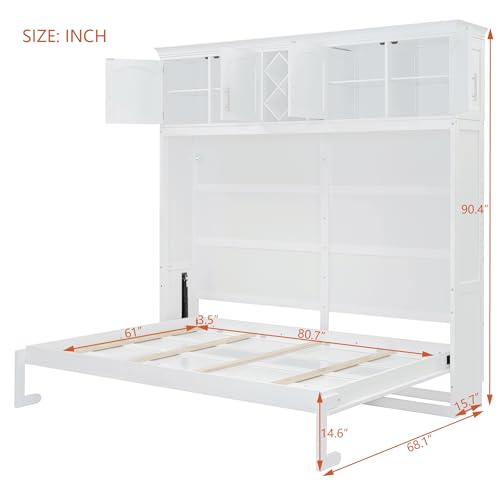 White Queen Size Murphy Wall Bed with Top Cabinets & Wine Rack S66143