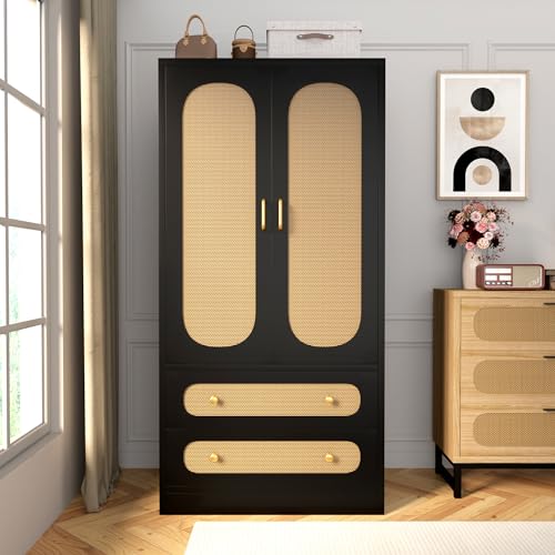 2 Door Rattan Wood Wardrobe with 2 Drawers & Hanging Rail (Black) Y945946