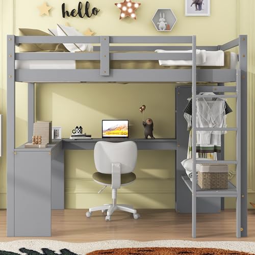 White Full Size Wood Loft Bed with Desk and Wardrobe S15117