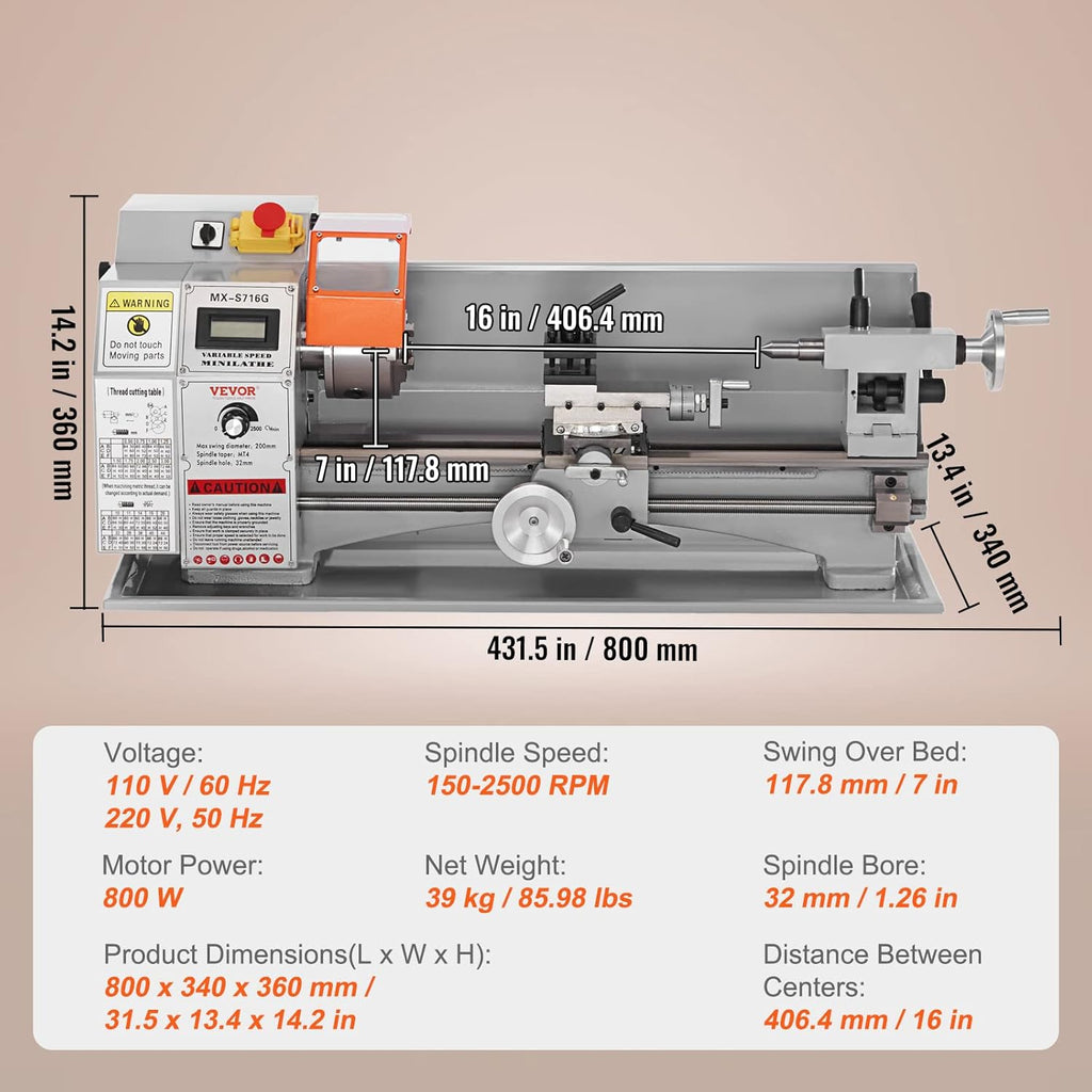 Mini Metal Lathe Machine, 7'' x 16'', 800W Precision Benchtop Power Metal Lathe S43644