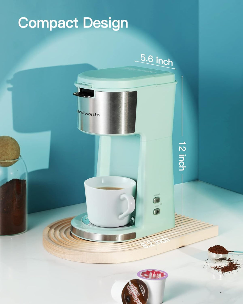 Single Serve Coffee Maker for K Cup & Ground Coffee, 6 to 14 oz. Brew Sizes, Fresh Green A7693