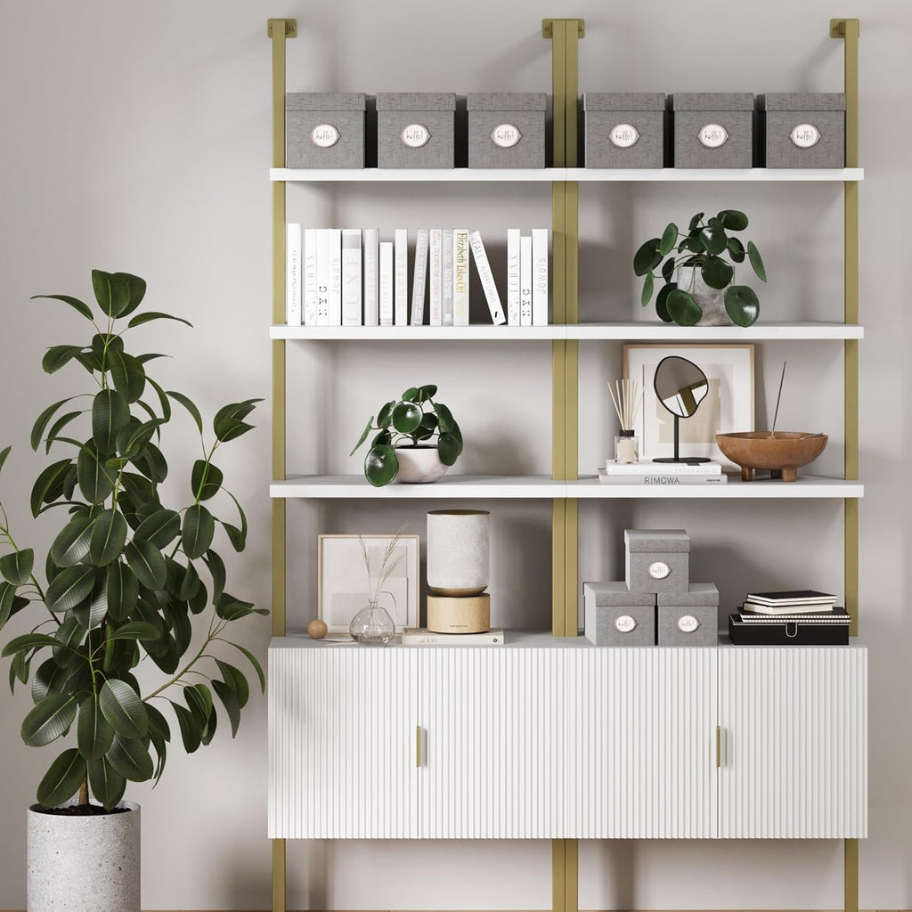 White Open Shelves Bookcase with Cabinet, Set of 2 L166407