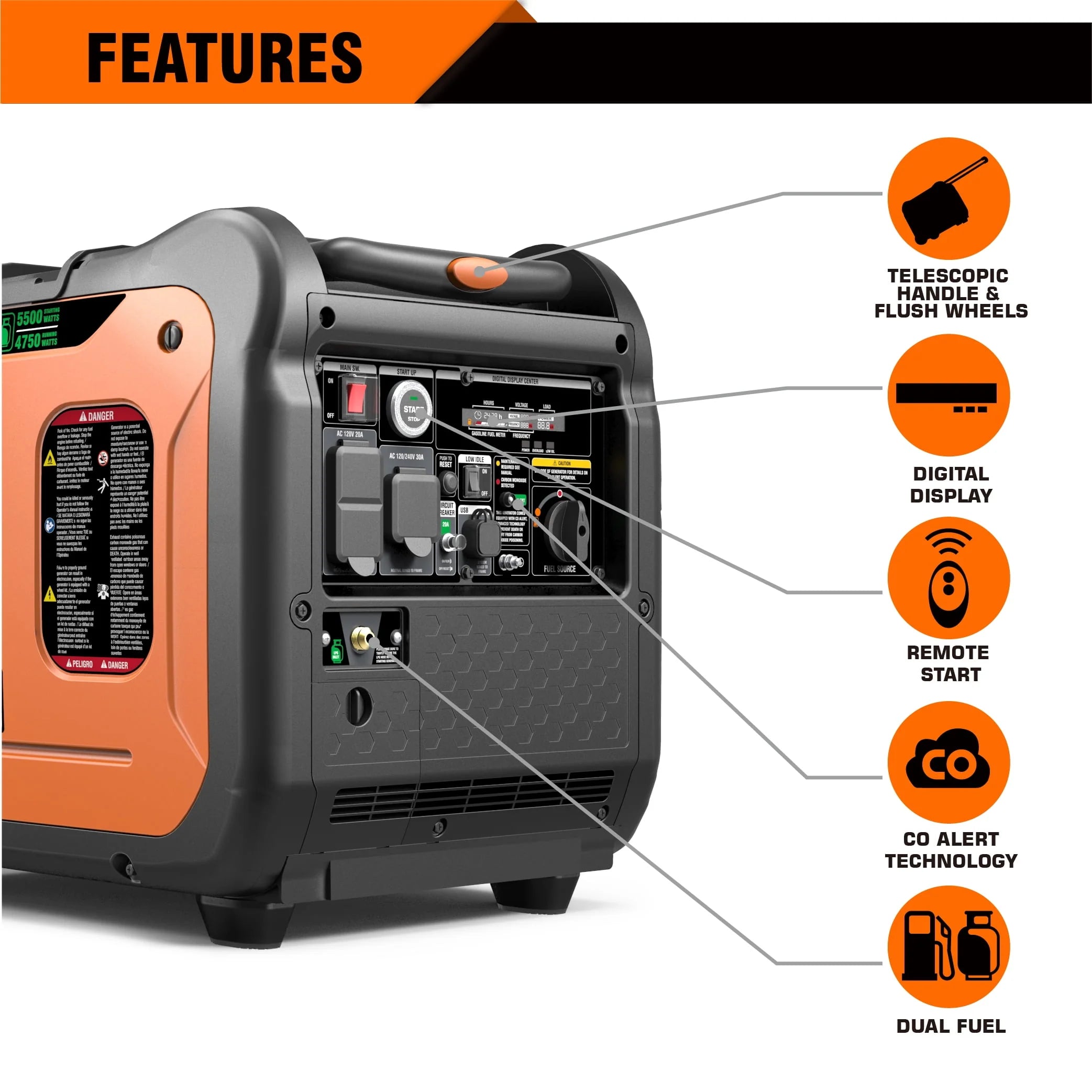 6000W Dual Fuel Portable Inverter Generator with Remote/Electric Start A7682